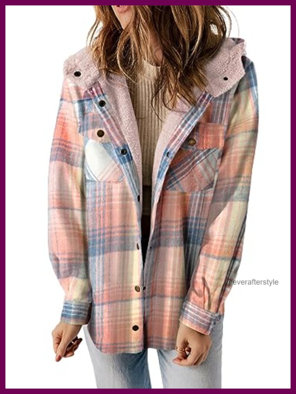 Plaid Shacket Fleece Lined Hooded Button Front Loose Fit Winter Coat